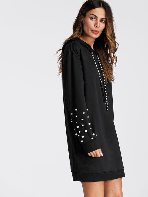 Pearl Beaded Detail Sweatshirt Dress -  Lovely Dealz 