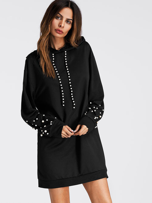 Pearl Beaded Detail Sweatshirt Dress -  Lovely Dealz 