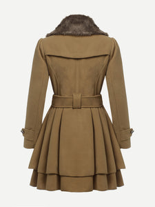 Contrast Faux Fur Collar Double Layered Hem Coat -  Lovely Dealz 