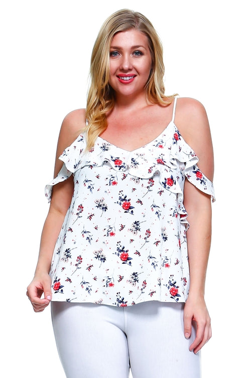 Women's Plus Size Cold Shoulder Floral Ruffle Top -  Lovely Dealz 