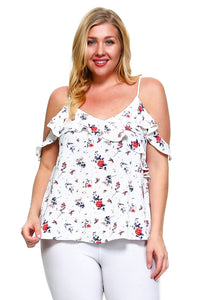Women's Plus Size Cold Shoulder Floral Ruffle Top -  Lovely Dealz 