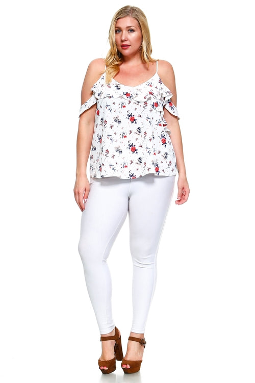 Women's Plus Size Cold Shoulder Floral Ruffle Top -  Lovely Dealz 