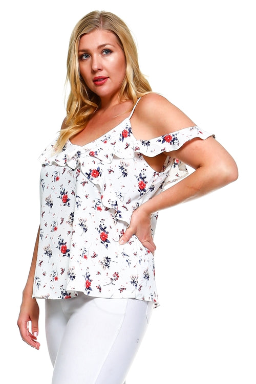 Women's Plus Size Cold Shoulder Floral Ruffle Top -  Lovely Dealz 