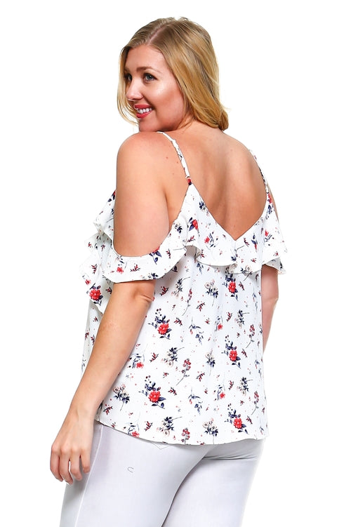 Women's Plus Size Cold Shoulder Floral Ruffle Top -  Lovely Dealz 