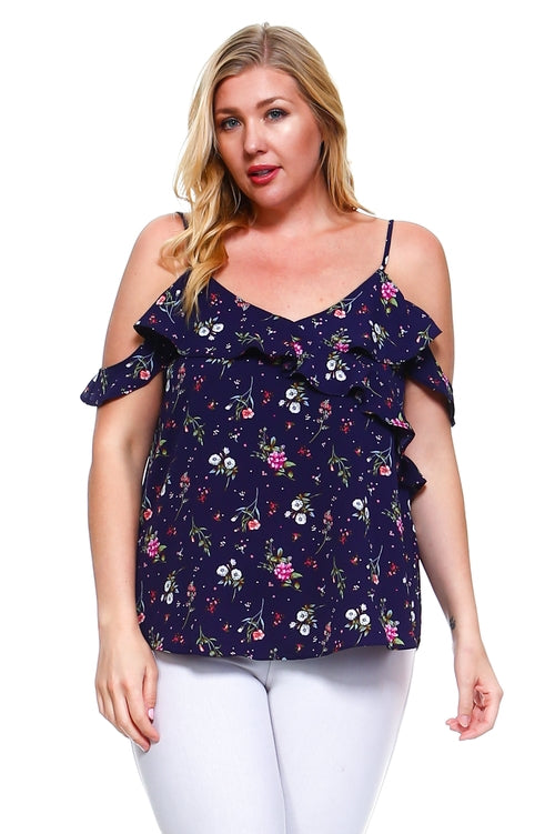 Women's Plus Size Cold Shoulder Floral Ruffle Top -  Lovely Dealz 