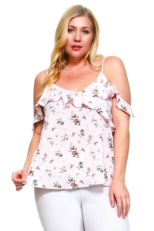 Women's Plus Size Cold Shoulder Floral Ruffle Top -  Lovely Dealz 